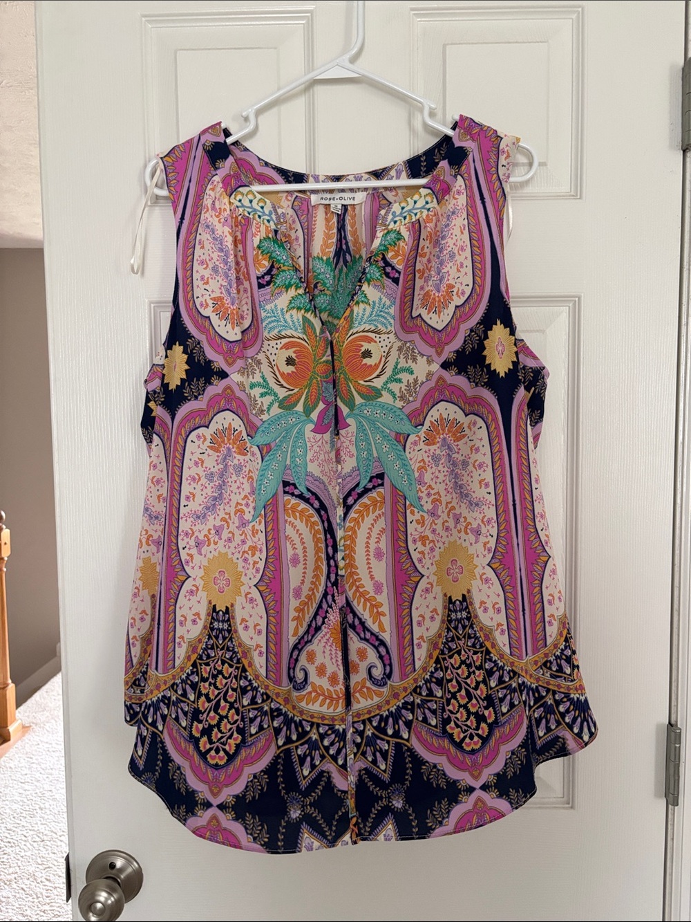 Rose & Olive Navy Paisley Sleeveless Blouse with Pink and Teal Accents
